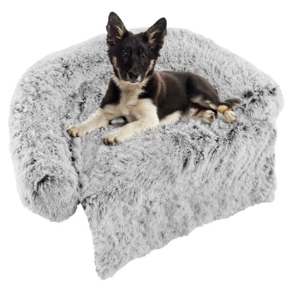 Gray Plush Calming Dog Couch Bed with Anti-Slip Bottom - Image 11