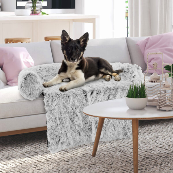 Gray Plush Calming Dog Couch Bed with Anti-Slip Bottom - Image 15