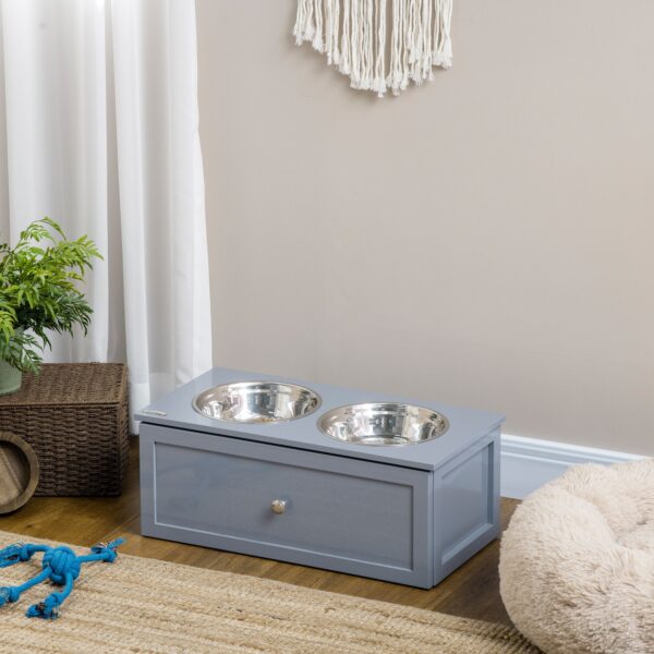 PawHut Gray Elevated Dog Bowl Stand with Storage for Medium Dachshunds - Image 8