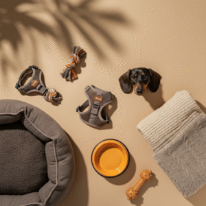 A flat lay of dachshund pet supplies, including a cozy dog bed, chew toys, a stylish harness, a food bowl, and a blanket, arranged on a soft beige background.
