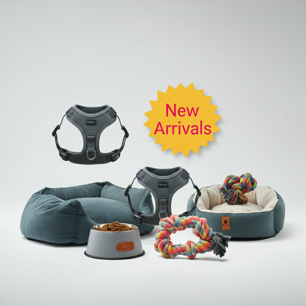 A collection of new dog products, including a sleek harness, colorful chew toys, a premium dog bed, and a stylish food bowl, with a bold 'New Arrivals' tag.