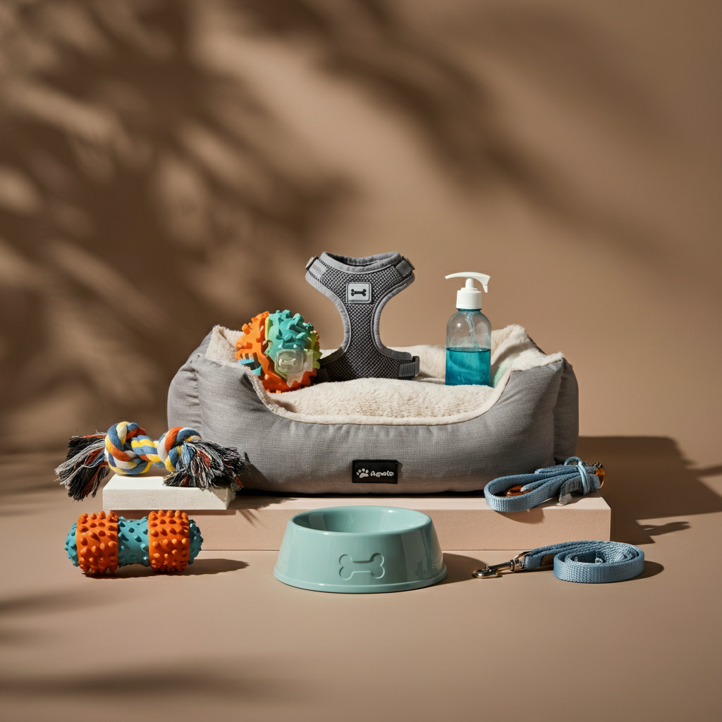 A variety of dog supplies, including a cozy bed, chew toys, a stylish harness, a food bowl, and a leash, arranged on a neutral-toned background.
