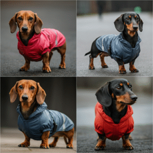 Collage of four stylish raincoats and jackets for Dachshunds, including Reflecta-Glow, Extreme Neoprene, Touchdog Lightening-Shield, and Dog Helios Torrential Shield, modeled by Dachshunds in vibrant settings