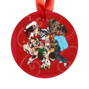 A Christmas ornament featuring illustrations of six dachshund puppies—Cosmo, Patches, Marble, Freckles, Speckles, and Dottie, each wearing a little Santa hat.