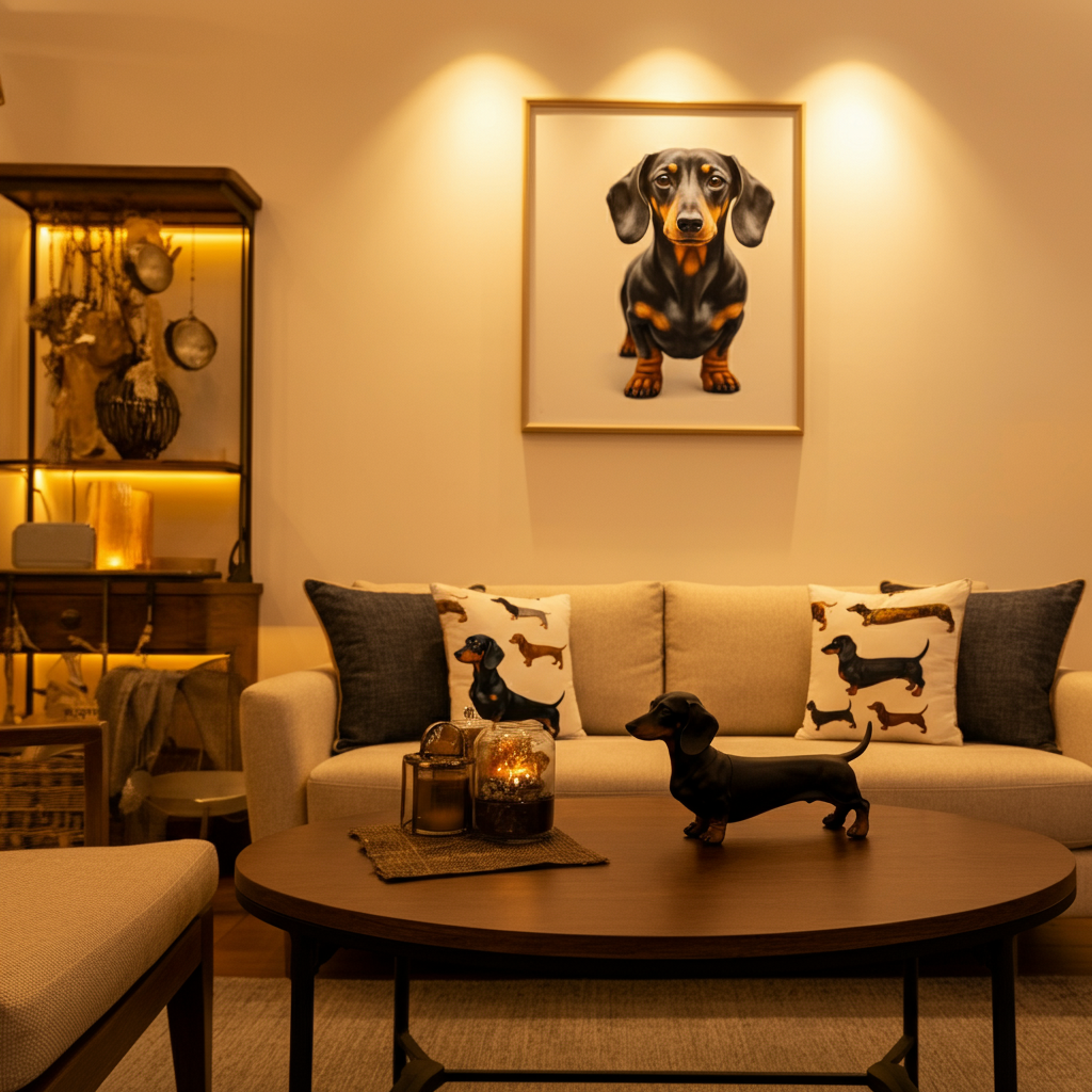 A stylish, cozy living room with neutral tones, featuring dachshund-themed decor including throw pillows on a sofa and a framed art piece on the wall